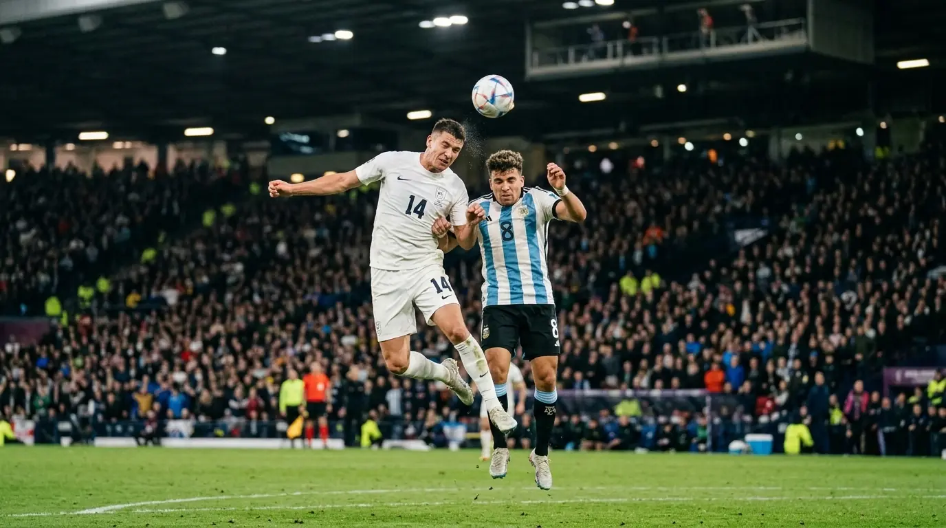 England and Argentina players contesting a header in a packed World Cup semi-final under stadium lights
