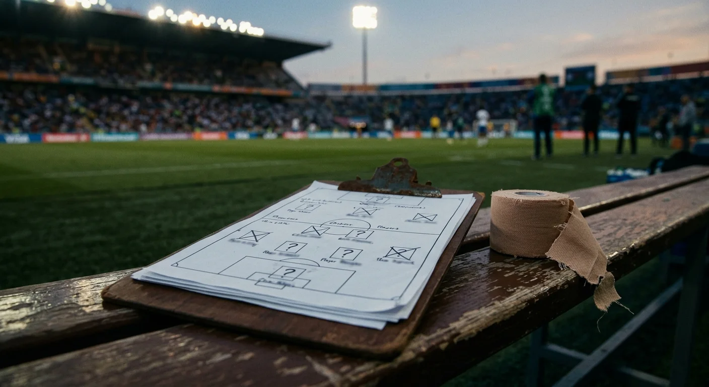An England team physio's clipboard on a bench beside a floodlit quarter-final pitch, several player positions marked as doubtful