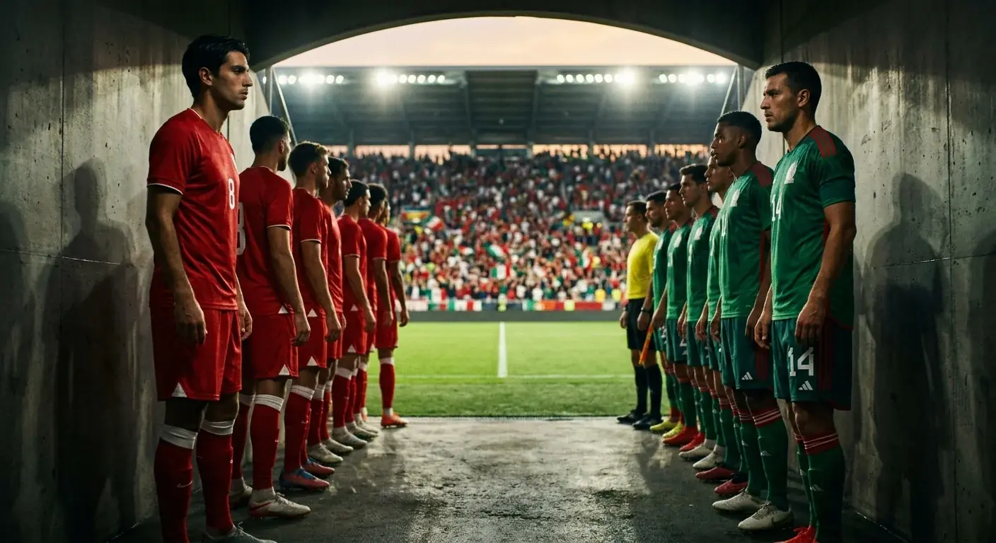 France and Morocco players lined up in a floodlit World Cup quarter-final tunnel at Gillette Stadium, tension visible before kickoff