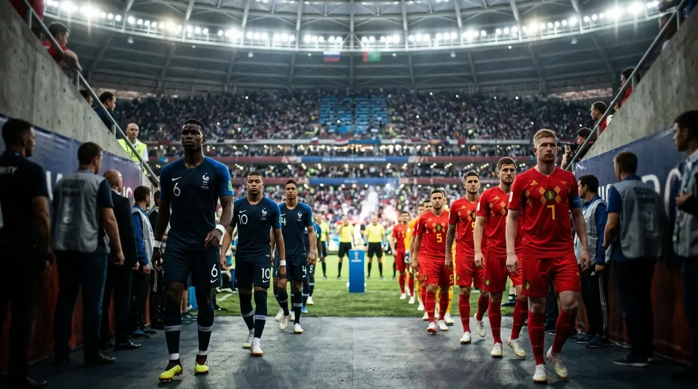 France and Spain players walking out of the tunnel at AT&T Stadium under closed-roof lights before a World Cup semi-final