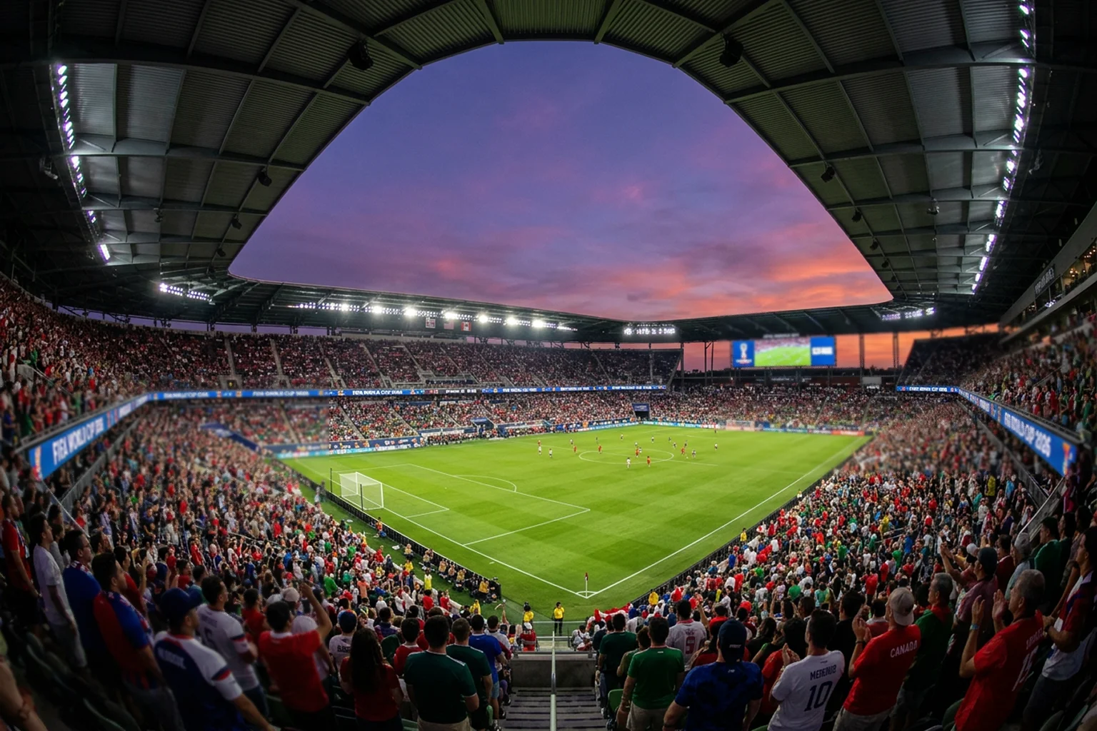 World Cup 2026 stadium panorama at dusk with fans filling the stands and the pitch illuminated under floodlights
