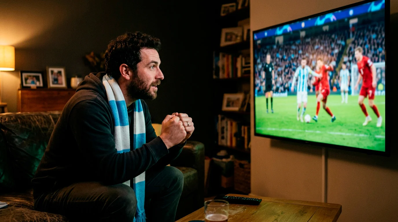 A football fan watching an Argentina match on television, captain's armband and number 10 imagery evoking a record-chasing star