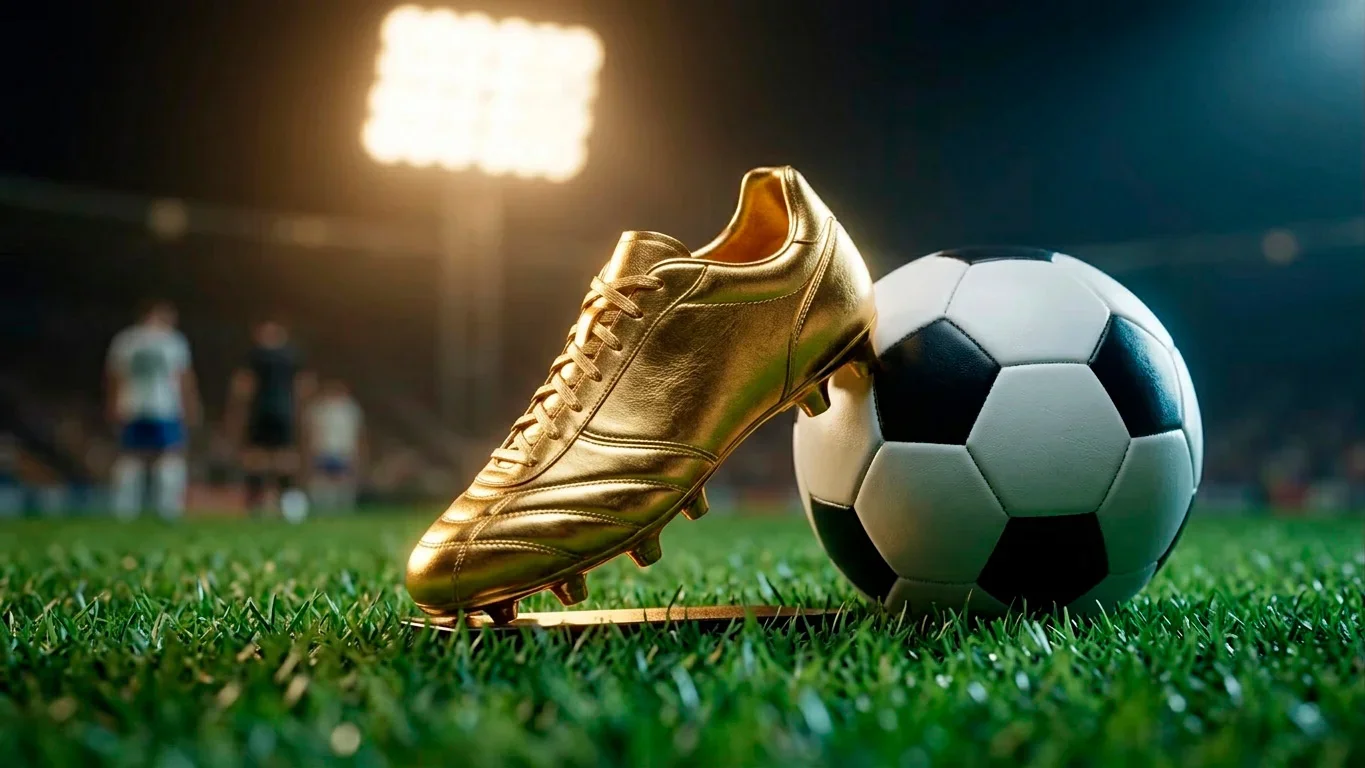 Close-up of a football and a golden boot trophy concept on green turf, symbolising the World Cup top-scorer race