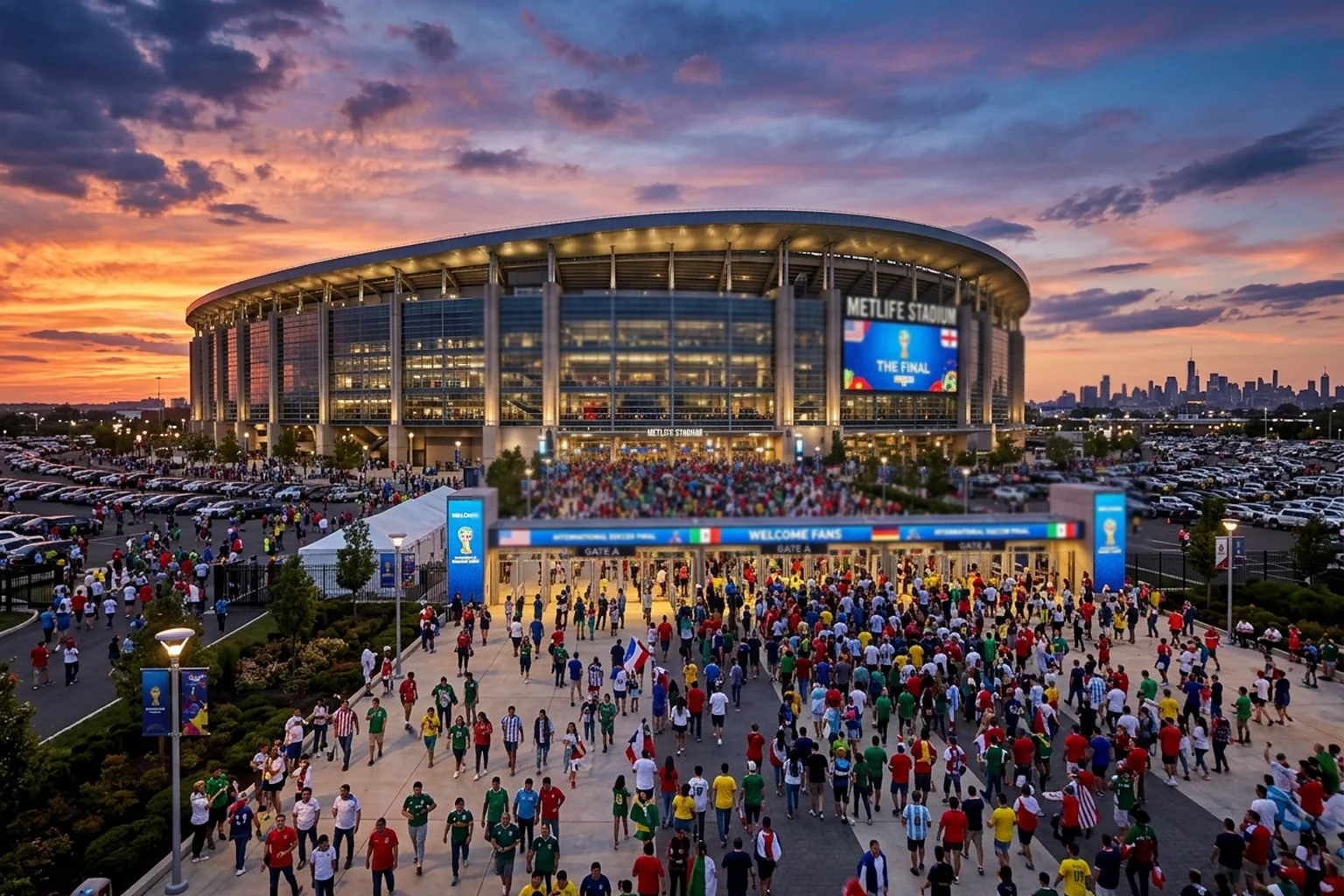 MetLife Stadium exterior at sunset with crowds gathering outside before a major soccer match
