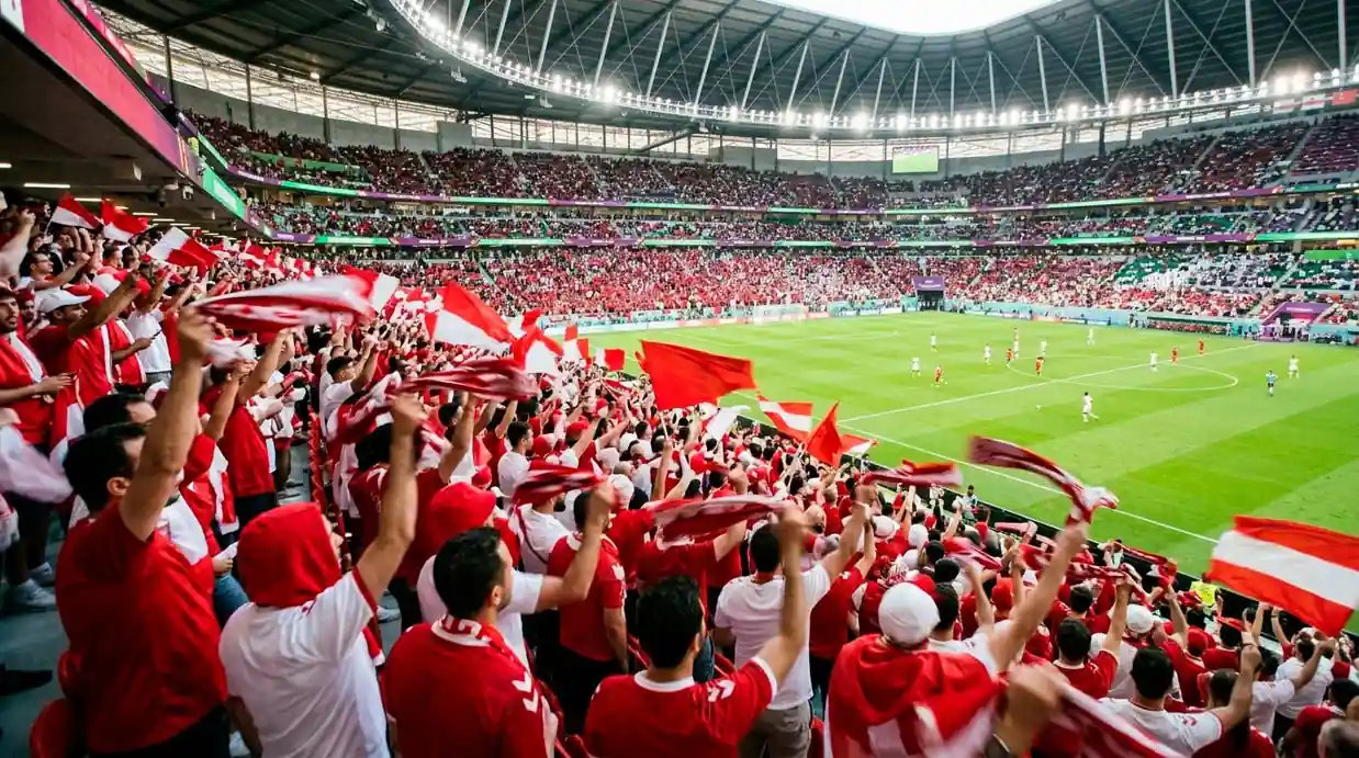 Fans in red Canada colours at a packed stadium watching the CanMNT at the World Cup