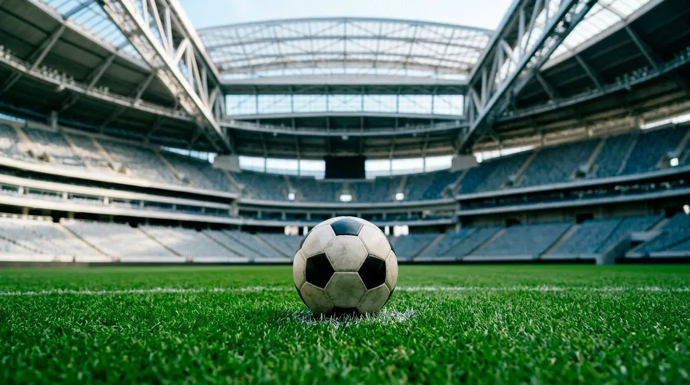 A football on the pitch at a modern retractable-roof stadium, Vancouver West Coast setting