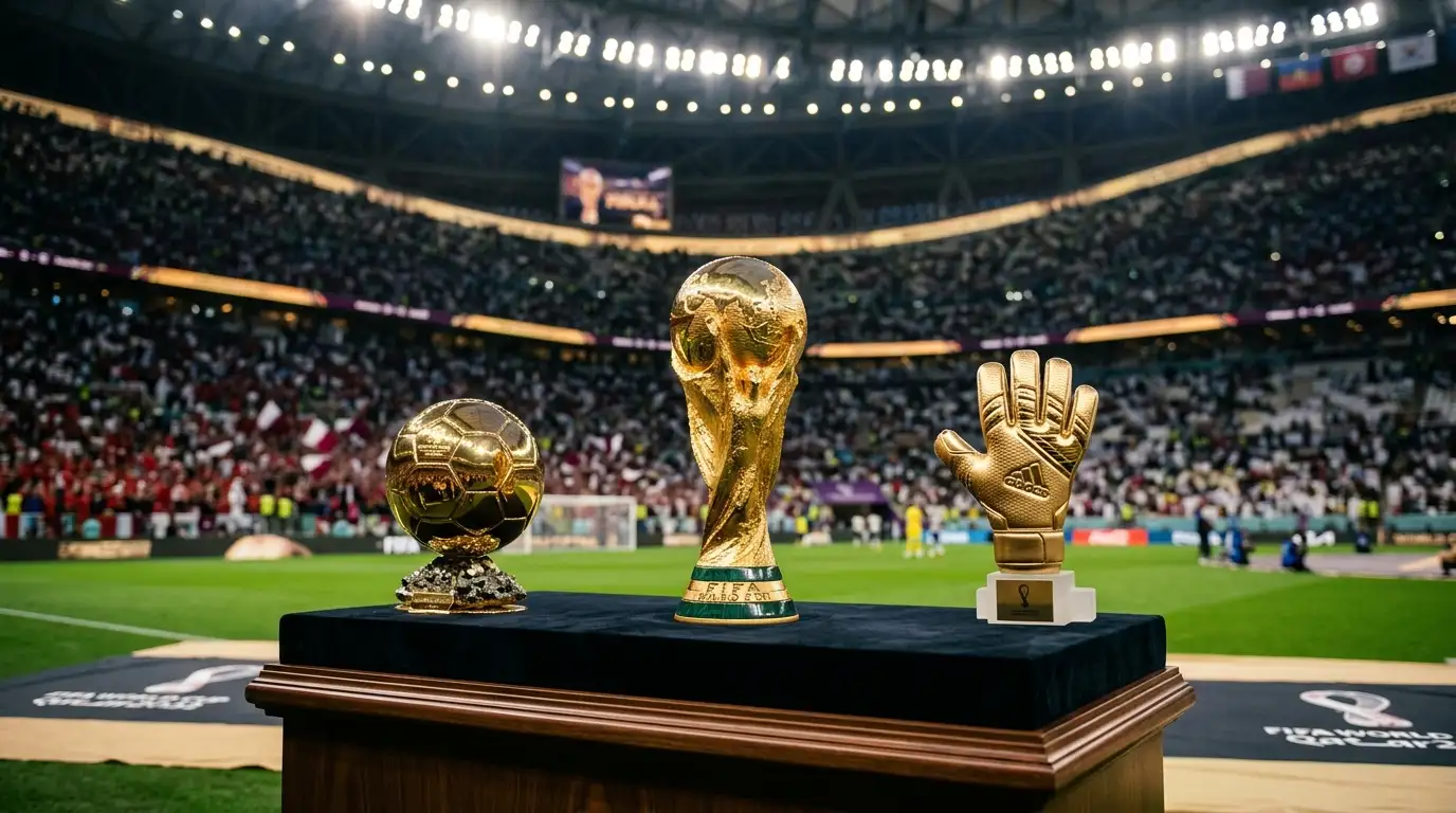 The World Cup individual award trophies on display before the final at a floodlit stadium