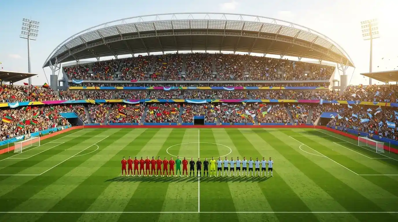 A football pundit's-eye view of the World Cup 2026 final: two elite teams lining up at a packed open-air stadium