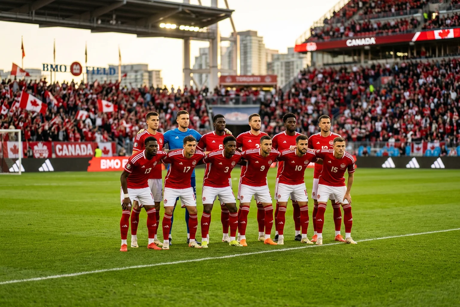 Canadian national team players in formation at BMO Field for World Cup 2026 Group B match