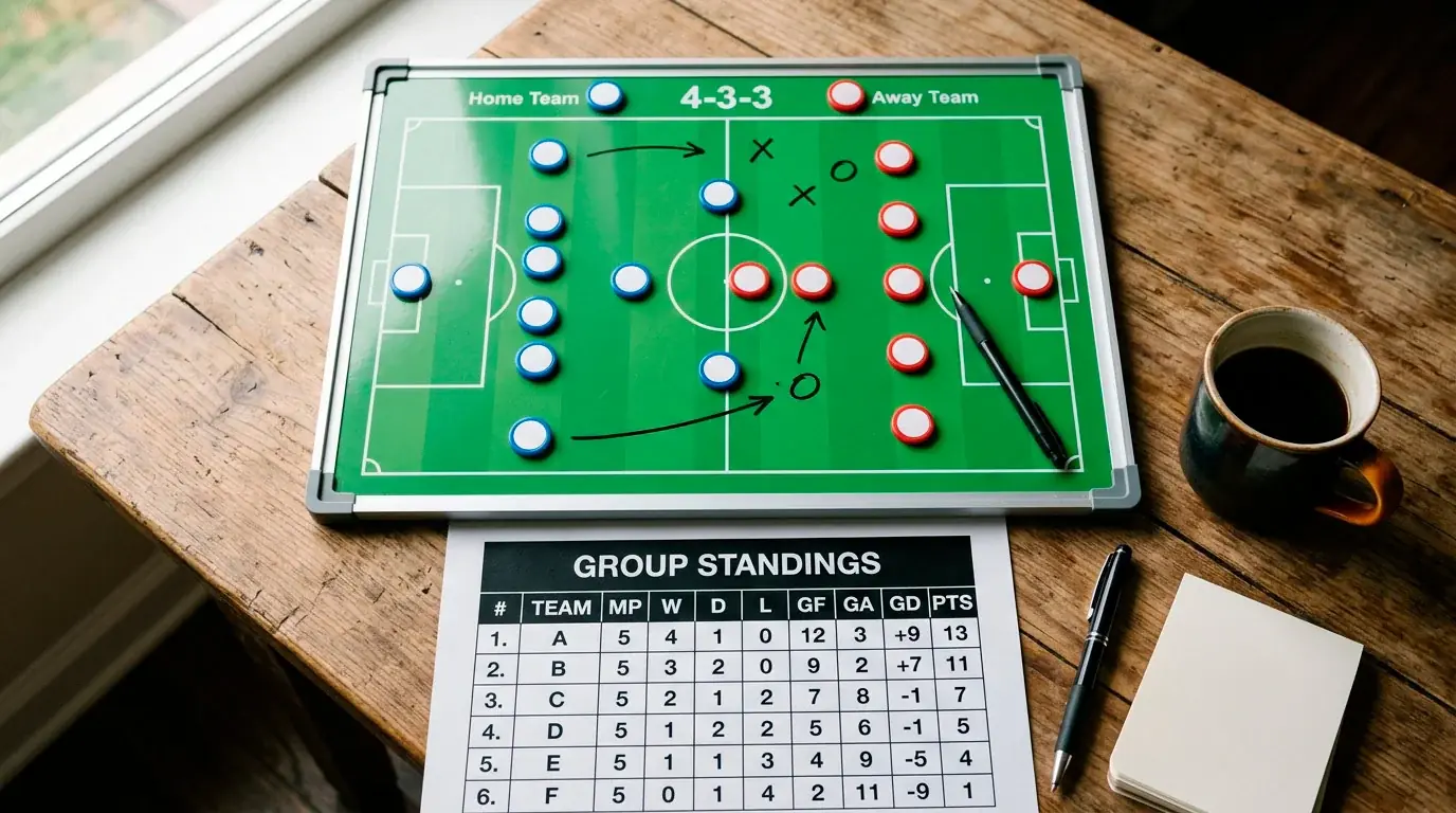 A tactics board and group standings table laid out for World Cup 2026 Group B planning