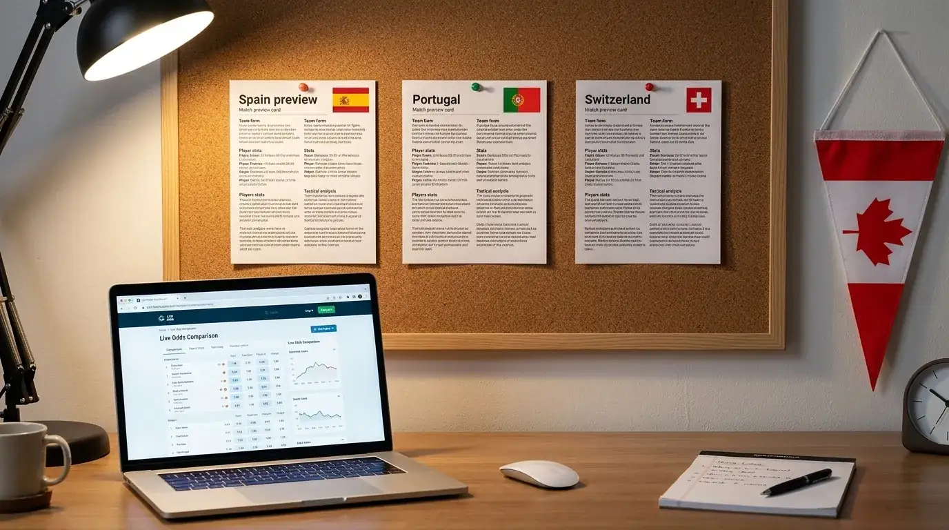 A Canadian bettor's workspace with three R32 match cards pinned to a corkboard showing decimal odds for Spain, Portugal and Switzerland