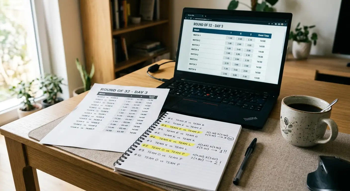 Practitioner workspace with the Round of 32 day-three card laid out and notes against decimal odds for France, Mexico and Ivory Coast