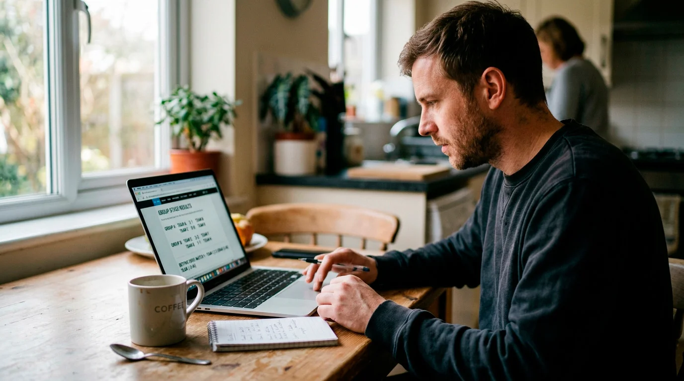 A Canadian bettor reviewing World Cup 2026 results and group tables on a laptop the morning after matchday two