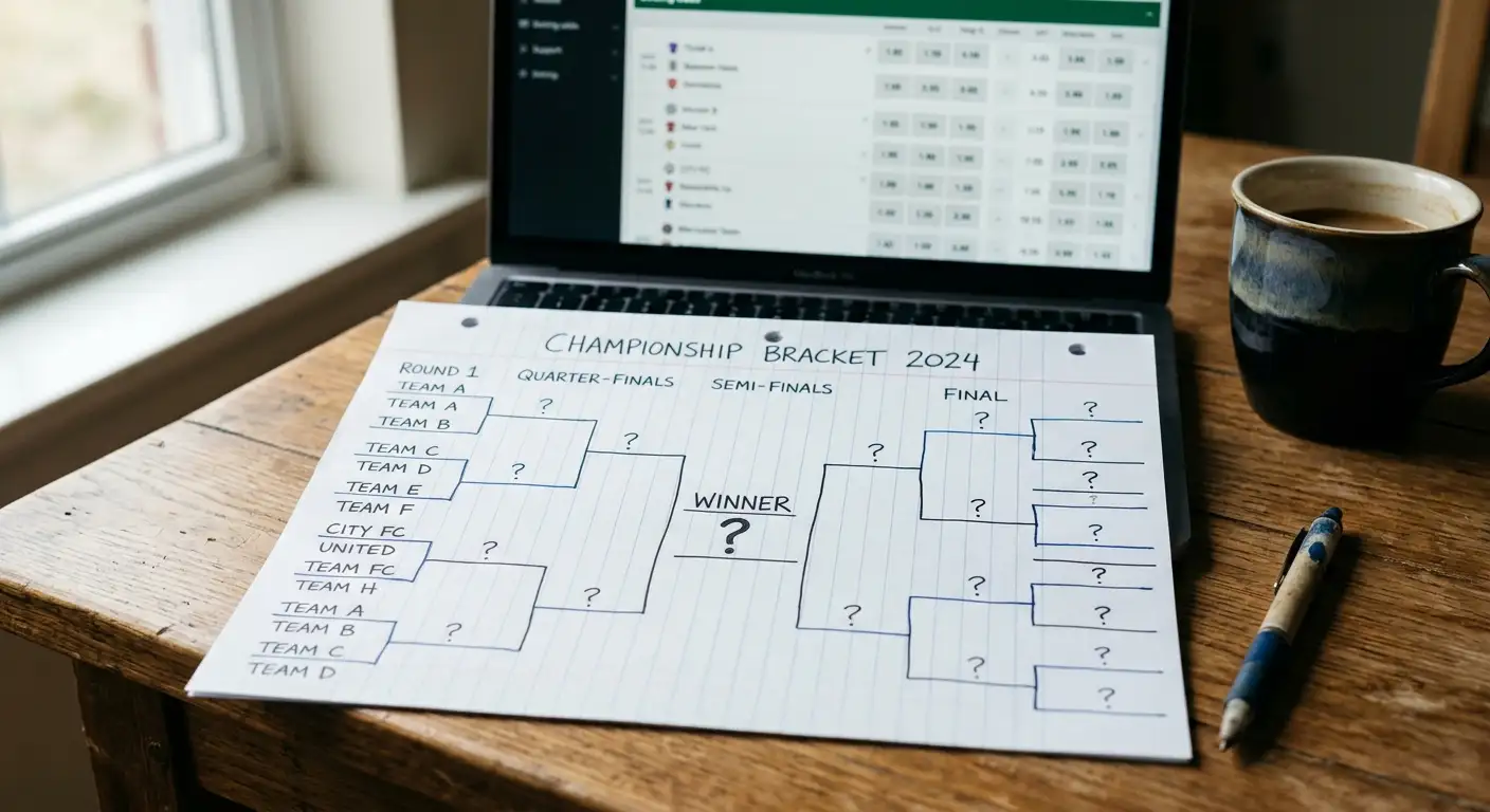A hand-drawn knockout bracket worksheet showing the Round of 16 with some ties confirmed and others pending, set on a clean wooden desk