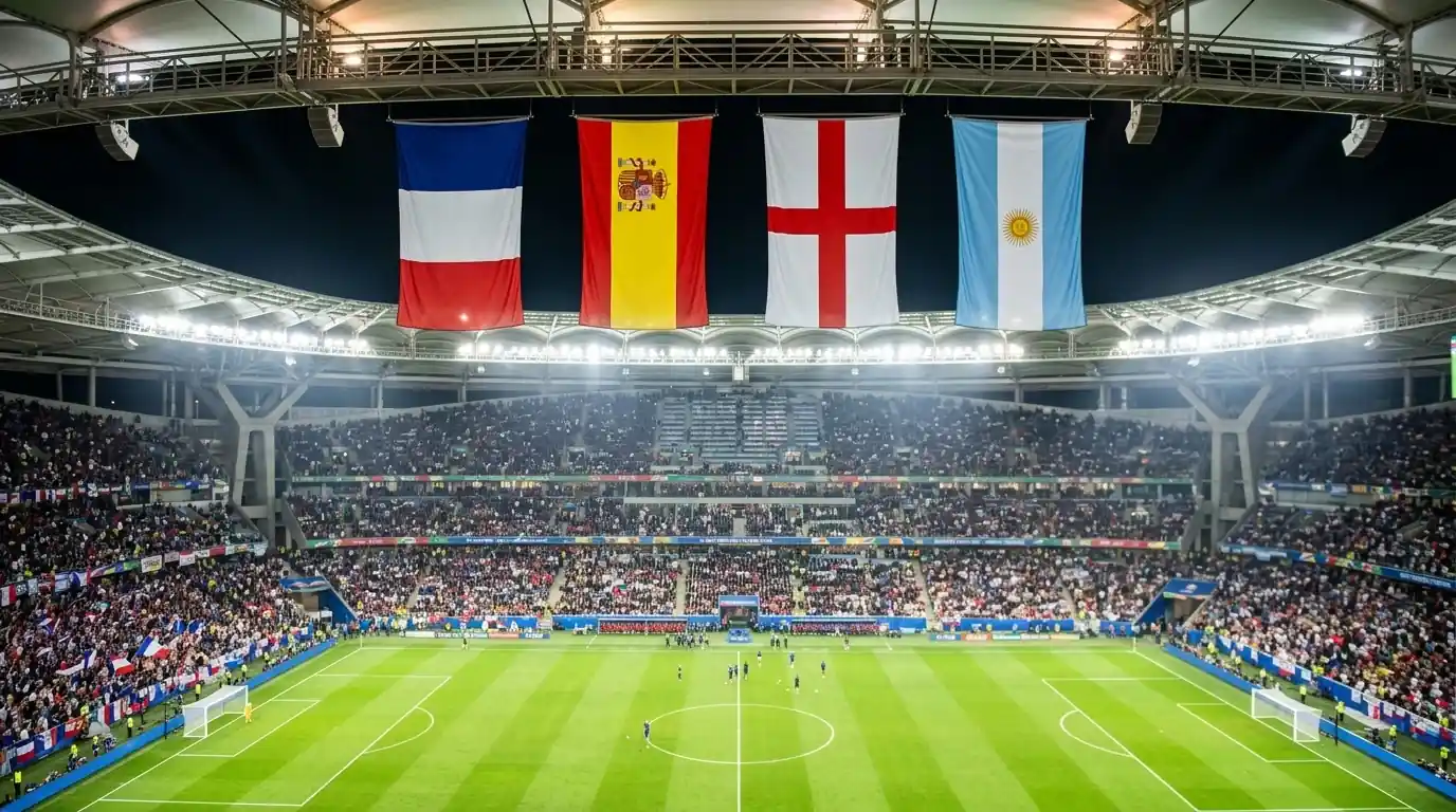 Four national team flags — France, Spain, England and Argentina — hanging in a floodlit World Cup semi-final stadium