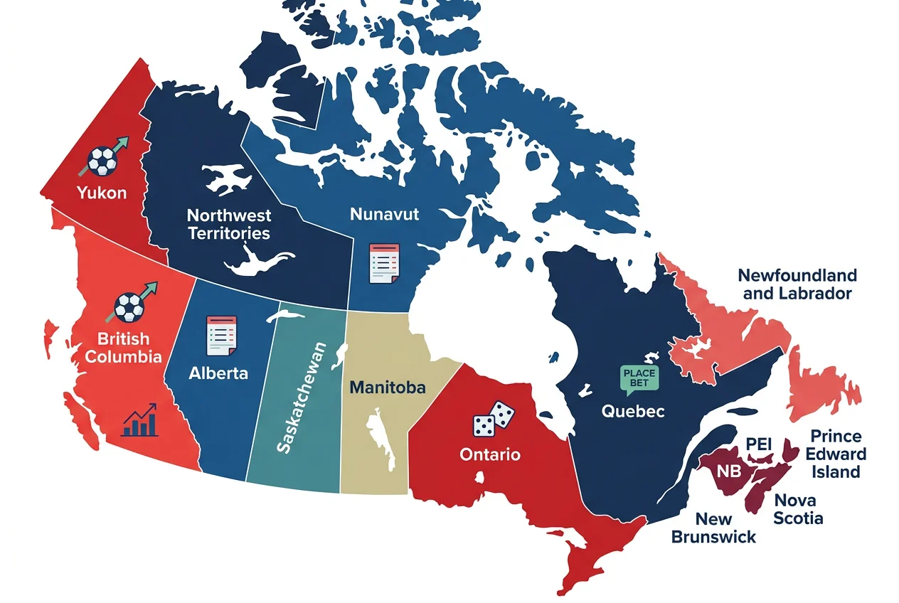 Map of Canada showing different provincial sports betting regulations and platforms