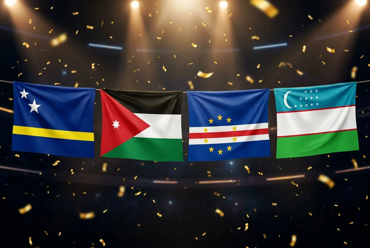 Flags of the four World Cup 2026 debutant nations - Curaçao, Jordan, Cape Verde, and Uzbekistan