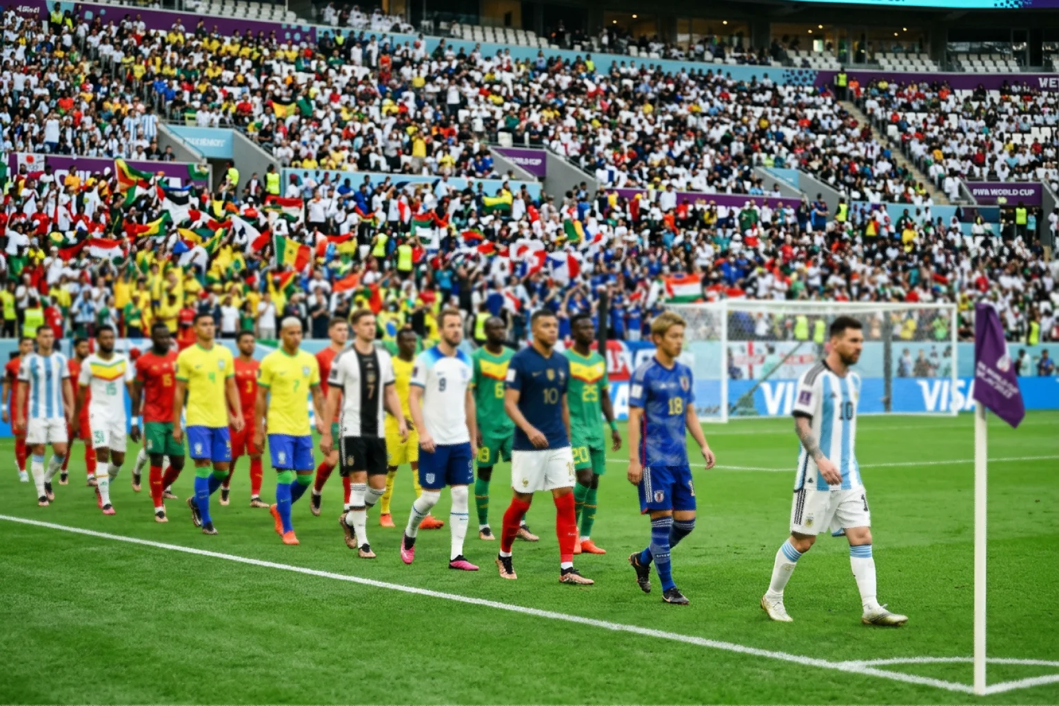 National team players from multiple countries lined up on a soccer pitch before a World Cup group stage match