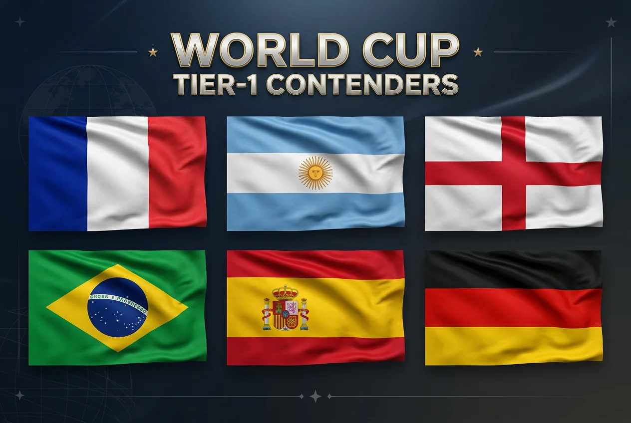 Six nations flags representing Tier 1 World Cup 2026 contenders - France, Argentina, England, Brazil, Spain, Germany