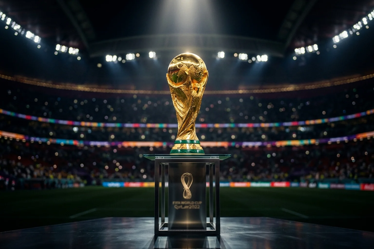 The FIFA World Cup trophy on display with stadium lights reflecting off its golden surface